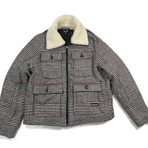 Hurley Houndstooth Winter Coat‎ Jacket Womens Medium Plaid Sherpa Collar Trucker